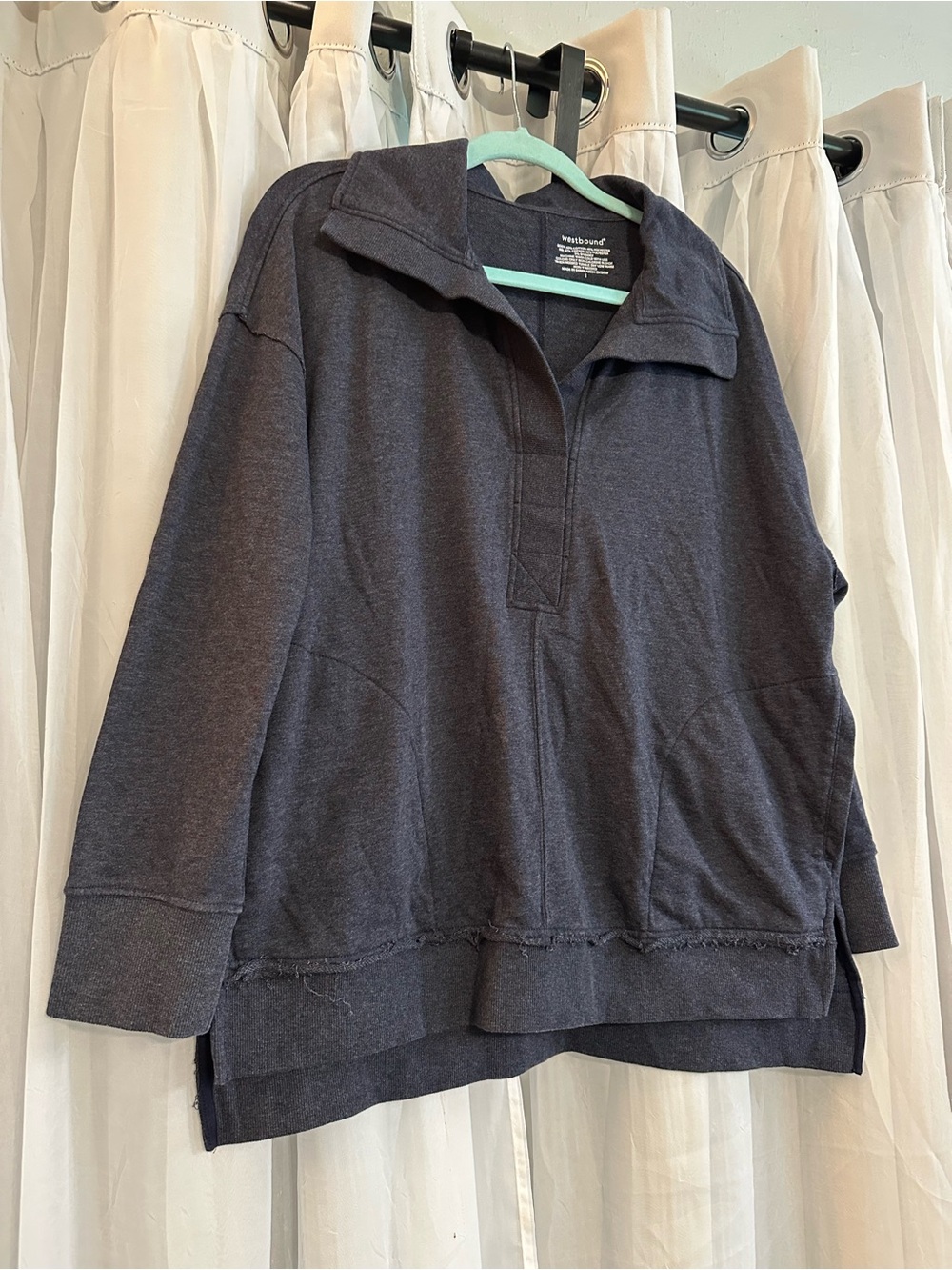 Westbound women’s Dark Blue Pullover Sweater with Spread Collar and raw hem